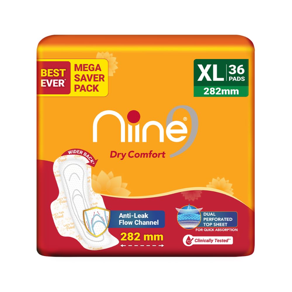 Niine Dry Comfort XL Sanitary Pads for Women |36 Pads, Pack of 1| 282 mm Long| Fast Absorption| Prevents Wetness & Leakage| Enjoy Leak-free Periods |With Anti-Leak Flow Channel