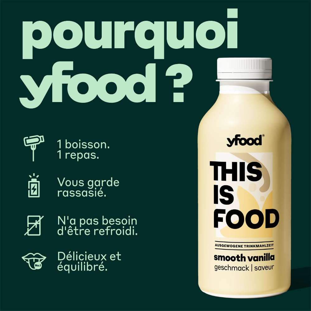 yfood Smooth Vanilla, repas prêt à boire, THIS IS FOOD, substitut de repas, 30 g de protéines, 26 vitamines et minéraux (12 x 500 ml), goût vanille