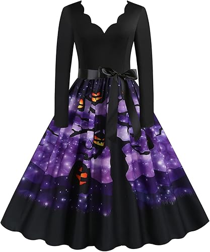 Miniatura 2 de Halloween Dresses Womens Long Sleeve Cocktail Swing Dress Pumpkin Witch Printed Cosplay Party Costume Swing Dress