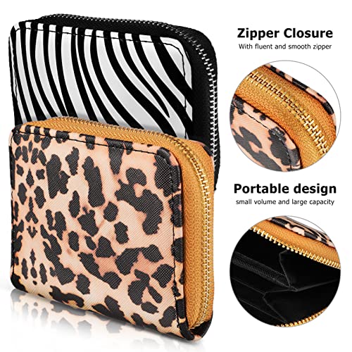 2pcs Women Credit Cards Holder, PU Leather Cards Container, Cash Storage Pouch with Zipper, Credit Card Coin Wallet, Change Pouch for Women (Leopard Print and Zebra Print)2