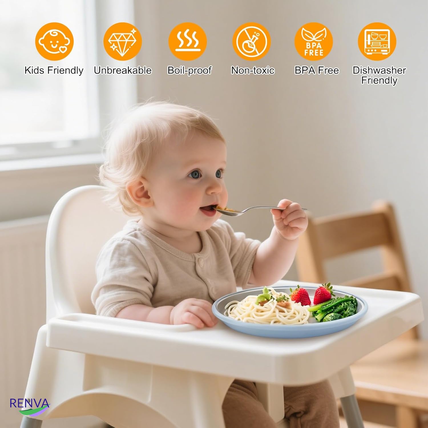 RENVA Stainless Steel Kids Plates Suction Plate for Baby,Divided Toddler Plates with Removable Silicone Sleeves for Mess-Free Feeding, Non-Toxic, Non-Slip (Blue, 1 Plate) 4