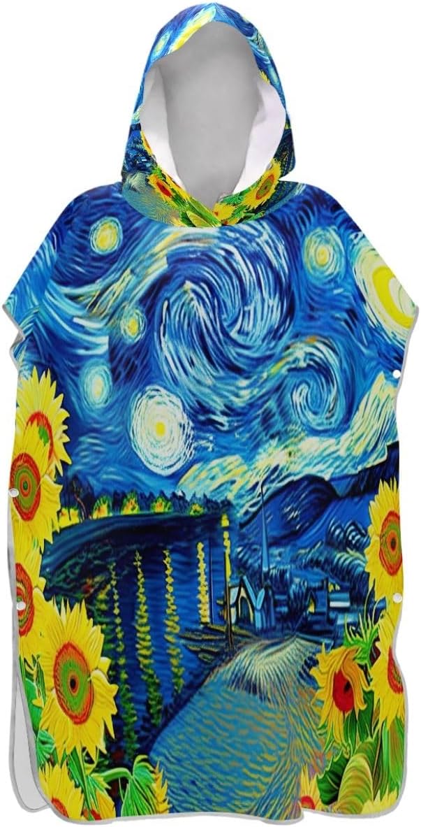 Joisal Surf Poncho Changing Robe for Adults Hooded Beach Towel Print Wearable Yellow Sunflowers Starry Night Men Women Poncho with Hood
