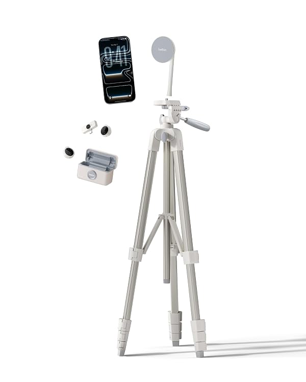 Belkin Stage Content Creator Essentials, Tripod for iPhone, Magnetic Phone Mount, Dual Wireless Microphones - Portable Vlogging kit for iPhone, Android, TikTok, YouTube, Streaming, Instagram Creators by Belkin - Used condition - US$94.99