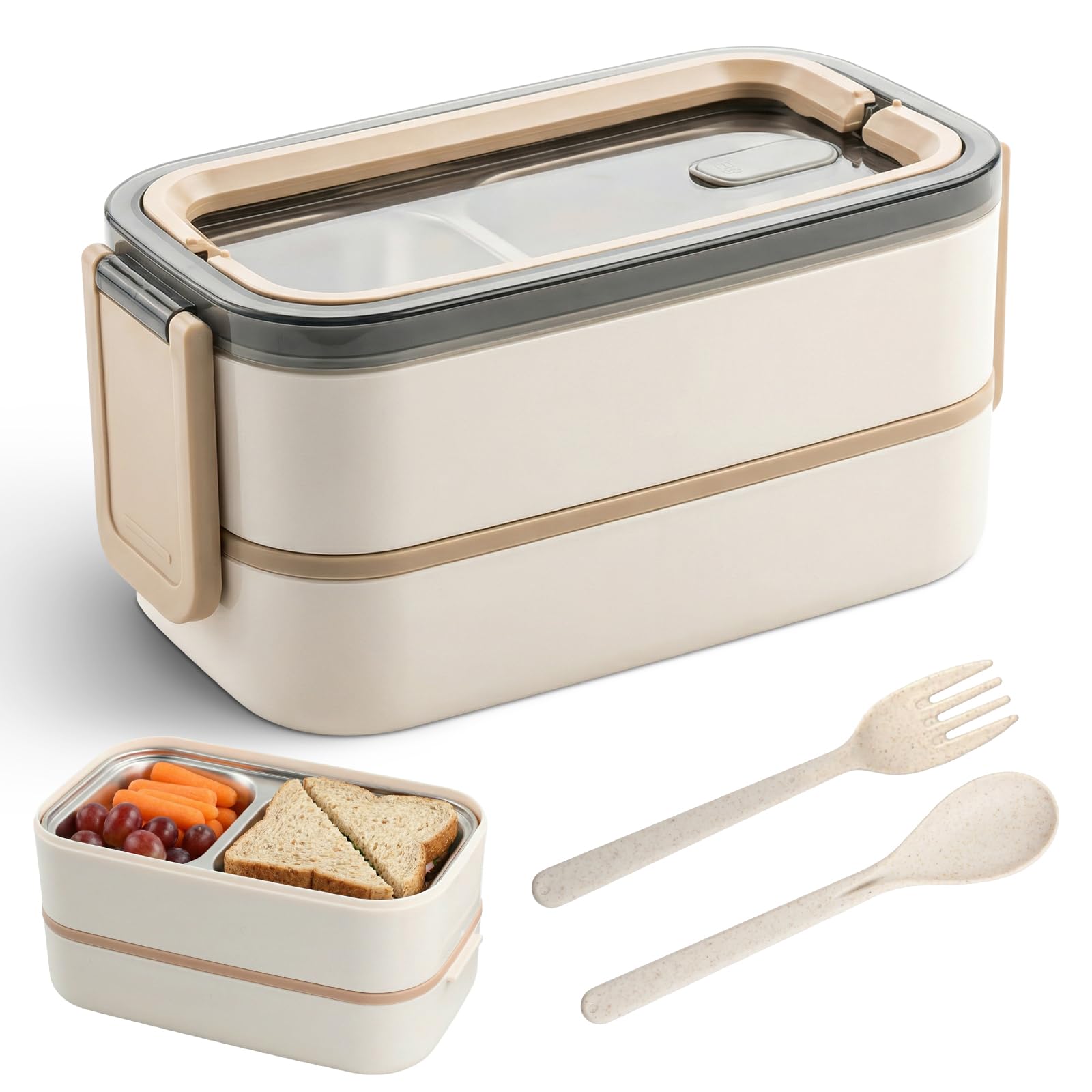 Bento Lunch Box 2 ripiani, 304 Acciaio inox Porta Pranzo Lunch Box Ermetico 1400 ml con scomparti, posate, senza BPA, Schiscetta Pranzo adatto al microonde, per Picnic Scuola Uffici