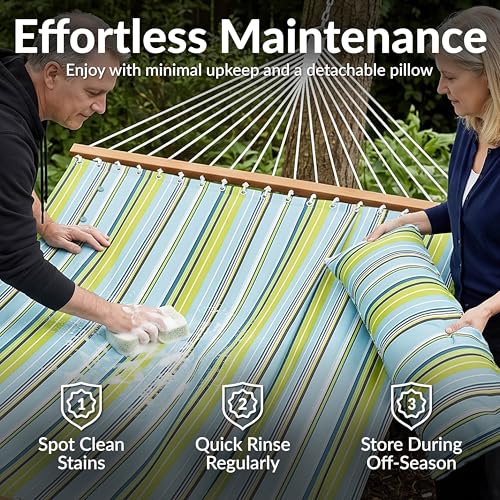 Image of Sunnydaze Quilted Double Hammock with Stand for Outside - 440 lb Capacity Universal Black Steel Stand - UV Resistant, Quick Dry Fabric - Pillow, Chains, and Hardware Included - Blue and Green