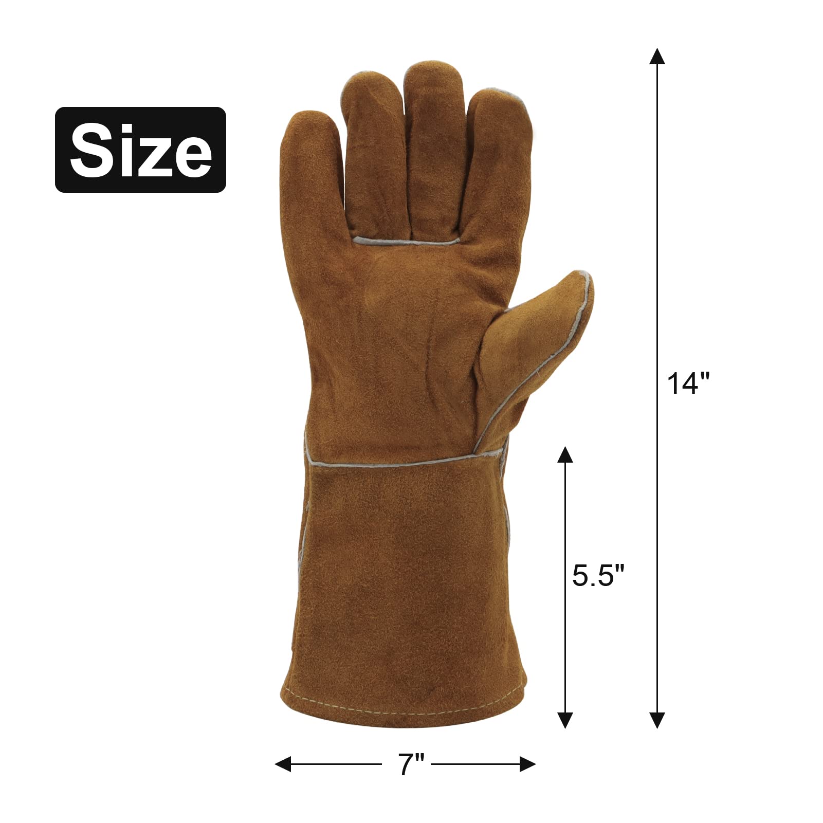 Guantes de soldadura 14 pulgadas 932℉ Guantes de cuero para soldadura forja/mig Resistentes al calor/fuego, horno/parrilla/chimenea/horno/cacerola/caldera/BBQ/manipulación de animales.