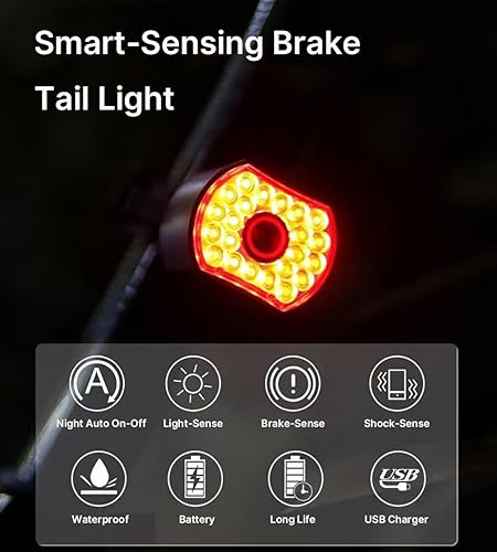 Miniatura 3 de SQUALO Luz trasera de bicicleta recargable USB de 30 lúmenes, sensor de freno inteligente, luz trasera de bicicleta con 7 modos de luz, rango