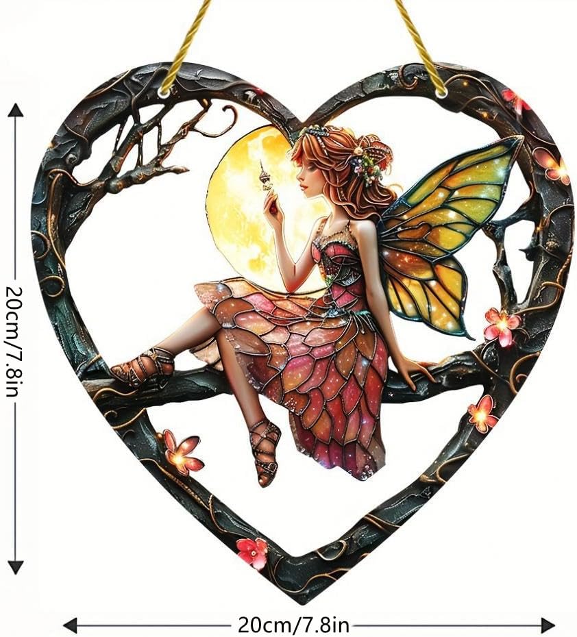 Forest Butterfly Fairy Stained Window Hanging Ornament, Heart Shaped Moon Garden Stained Acrylic Double-Sided Printed Window Panel, Great Gift for Mom Grandma for Birthday Mother's Day or Housewarming