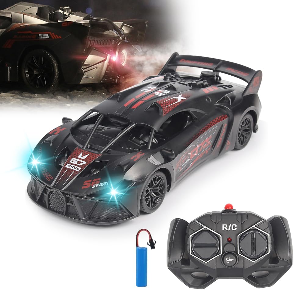 Coche Teledirigido con Spray, Coche Teledirigido Drift, 1:24 Drift RC Car, 4WD Mini Coche Teledirigido con Kit Barricada, Radiocontrol Coche de Juguete para Adultos y Niños Mayores de 8 Años