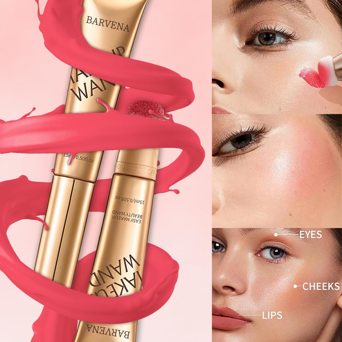 BARVENA Liquid Blush Wand – Buildable Blush Beauty Wand with Soft Applicator, Long-Lasting Natural Glow, Easy Blend,Flushed Cheeks (02 Coral Flush)