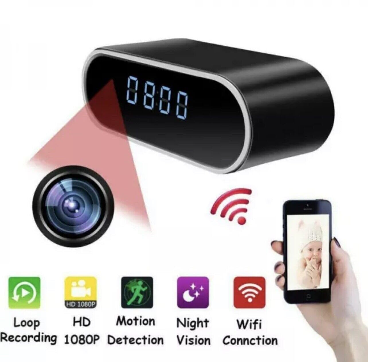Generico Reloj despertador digital con cámara espía, cámara oculta, wifi y vídeo