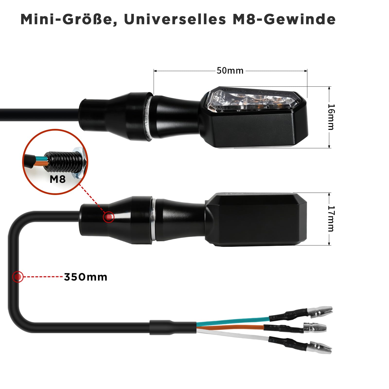 evermotor Mini 3-Perlen-Design LED Blinker Motorrad E-geprüft,CNC Aluminium Gehäuse,12V 4 Stück, mit Positionslicht,Universal für E-Bike/Scooter,2x Amber & Weiß,2x Amber & Rot