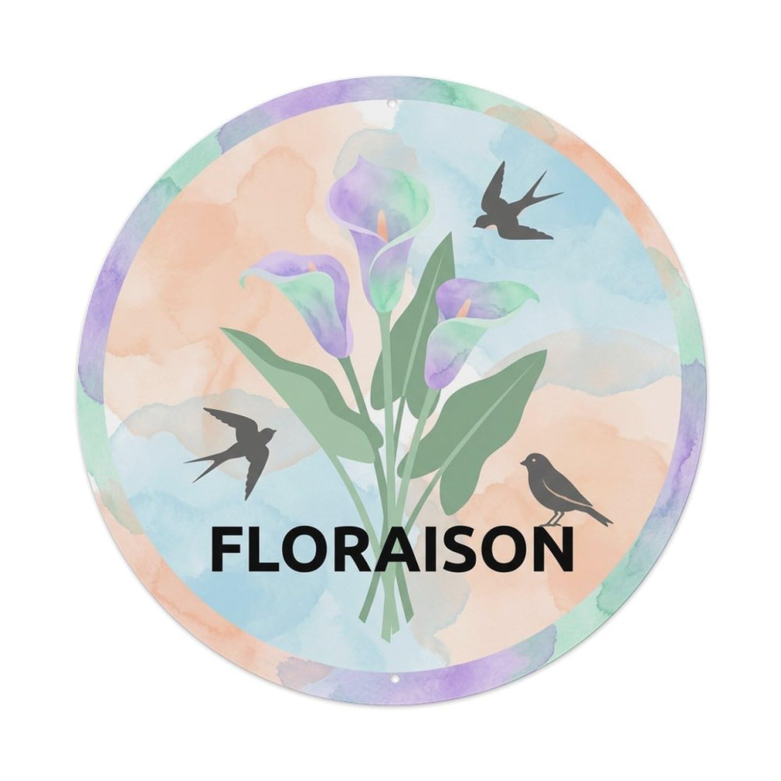 Floraison Watercolor Bird Slogan Calla Lily Bouquet Metal Tin Sign