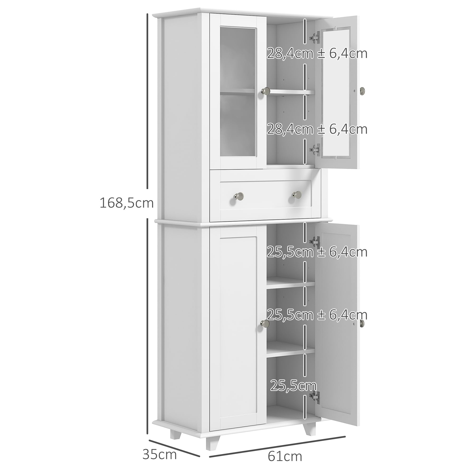 HOMCOM Alacena de Cocina Despensa con 2 Puertas 61x35x168,5 cm Blanco | Armario de Cocina, Vidrio Templado, Cajón, Estantes Ajustables, Aparador para Comedor
