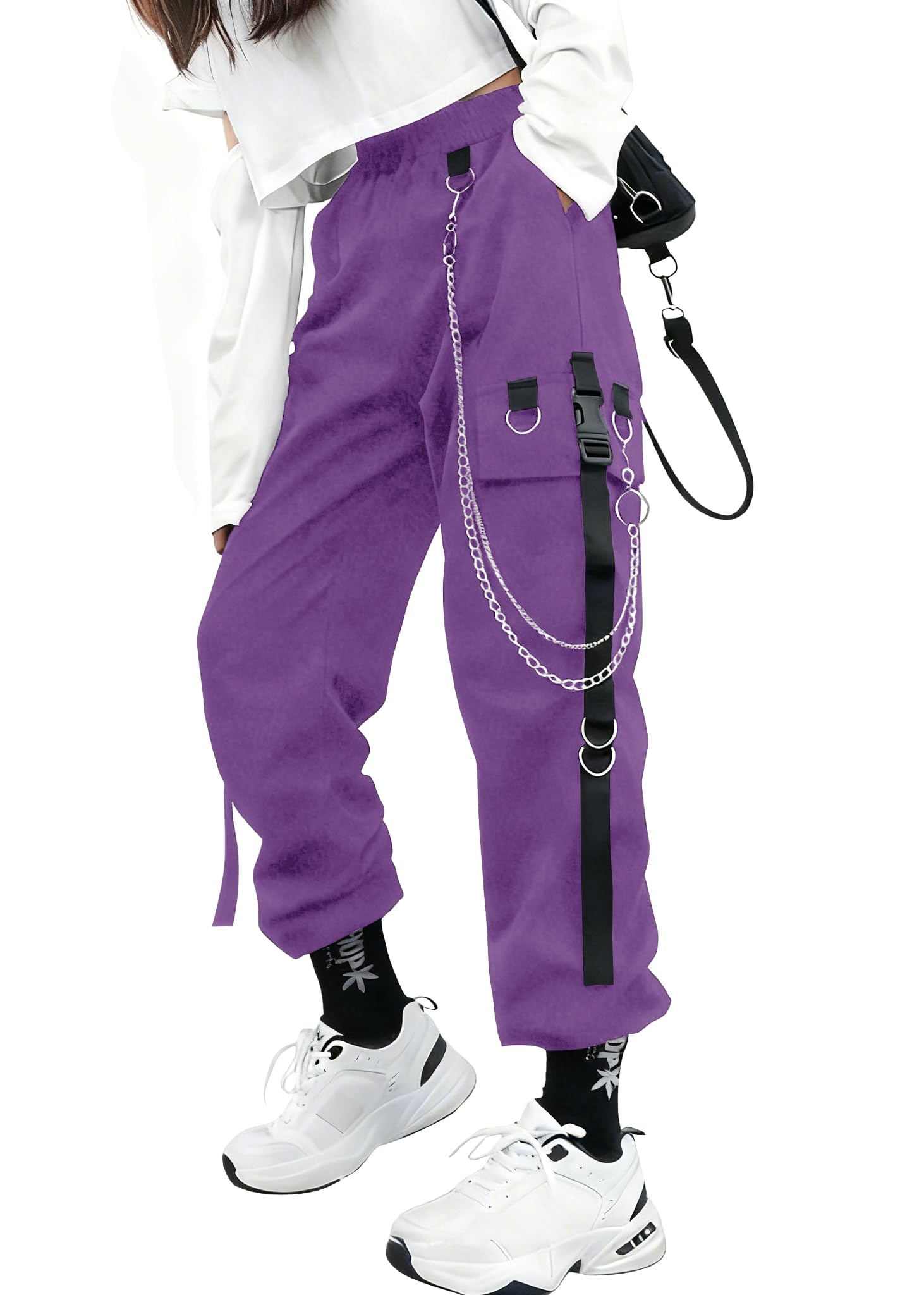Gothic Cargo Parachute Pants with Chain Women Plus Size High Waist Y2k Harajuku Steampunk Halloween Trousers