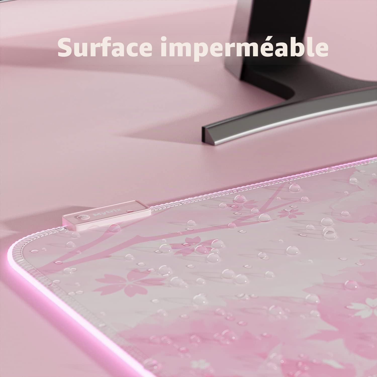 Mytrix RGB Tapis de Souris Rose XXL 800x300mm, 14 Modes d'éclairage, Tapis de Clavier Étanche, Base en Caoutchouc Antidérapant, Grand Tapis de Bureau Étendu, Sakura en Fleur de Cerisier Mignon