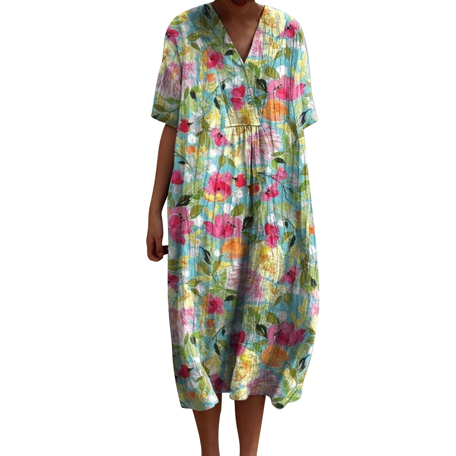 YIzdegg Vestido floral largo para mujer, vestido con cuello de pico, vestido de playa, vestido de verano, ligero y aireado, vestido de noche, elegante para boda, vestido midi, vestido informal, blusa