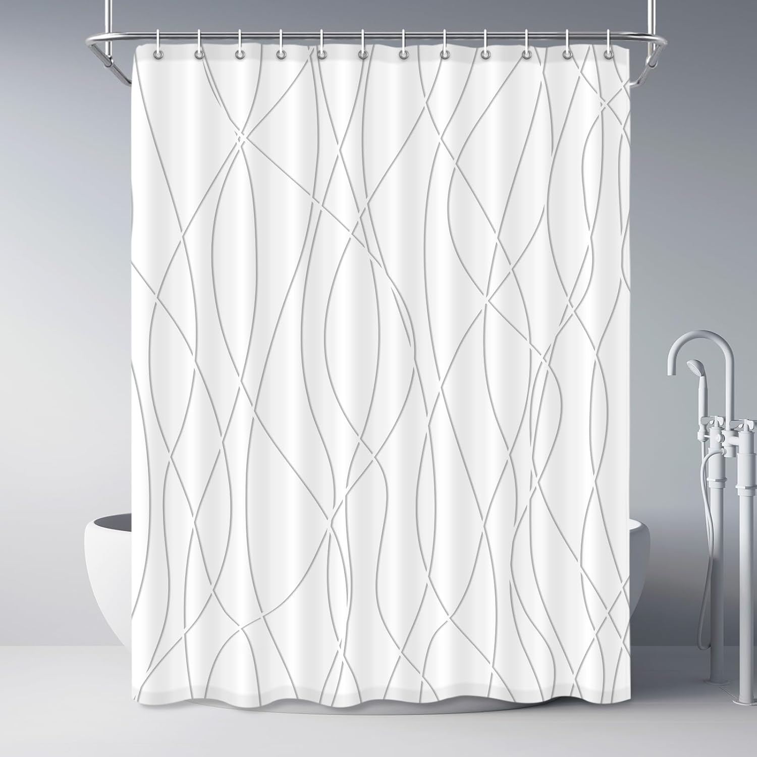 Punkray Ombre Blue Shower Curtain for Bathroom with Hooks, White Shower Curtain Set, Stripe Bath Curtains Decorative Shower Curtains Water Repellent Washable, 72 x 84