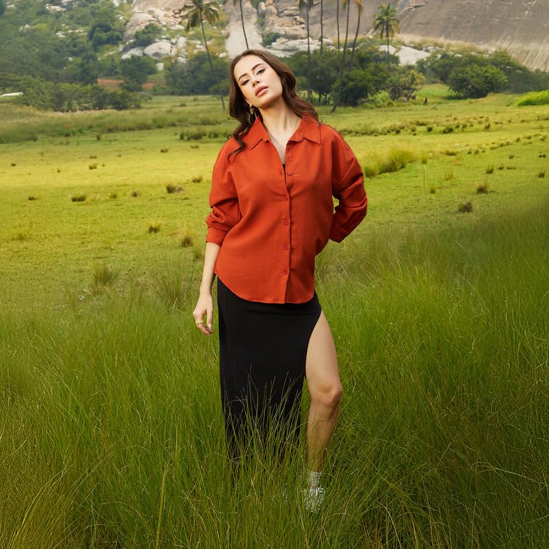 Image of PINACOLADA Women's Solid Oversized Shirt for Casual Wear | Spread Collar | Long Sleeve | Button Closure | Oversized Shirt Crafted with Comfort Fit for Everyday Wear