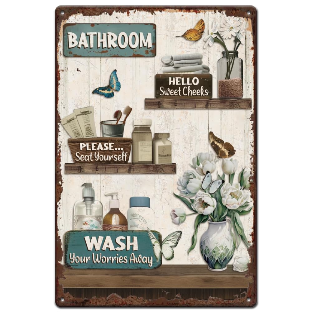 Bathroom Floral Tin Signs Vintage Hanging Metal Posters colorful Metal Poster Signs Iron Wall Art Tin Signs Home Wall Decoration for Bars Cafe Pubs Restroom Living Room Bedroom 30x20cm 8"x12"