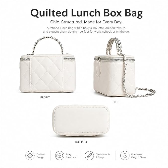 Quilted Vanity Bag for Women, Mini Box Crossbody Purse with Pearl Chain and Top Handle