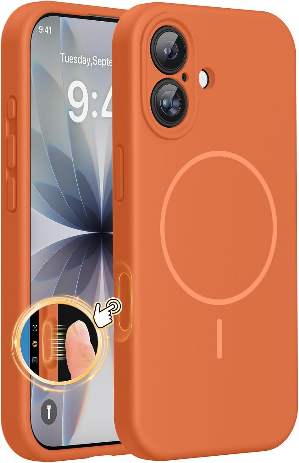miracase magnetic for iphone 17 case, compatible with magsafe, integrated silicone camera control cover, 3.0mm thicken shockproof drop protection phone case for 17,orange