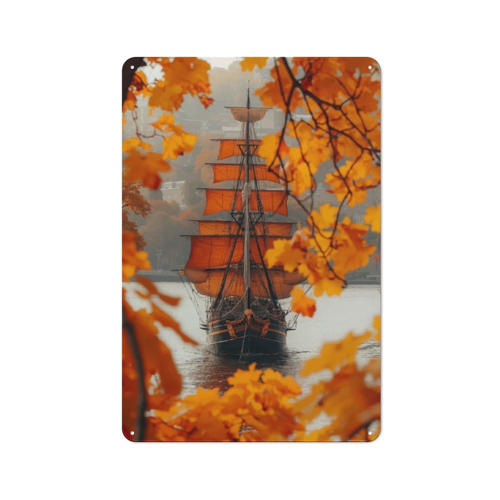 Junmoney Orange Pirate Ship Rustic Metal Sign 30X20cm For Hallway Wall, For Collectors Of Rustic Metal Wall Decor