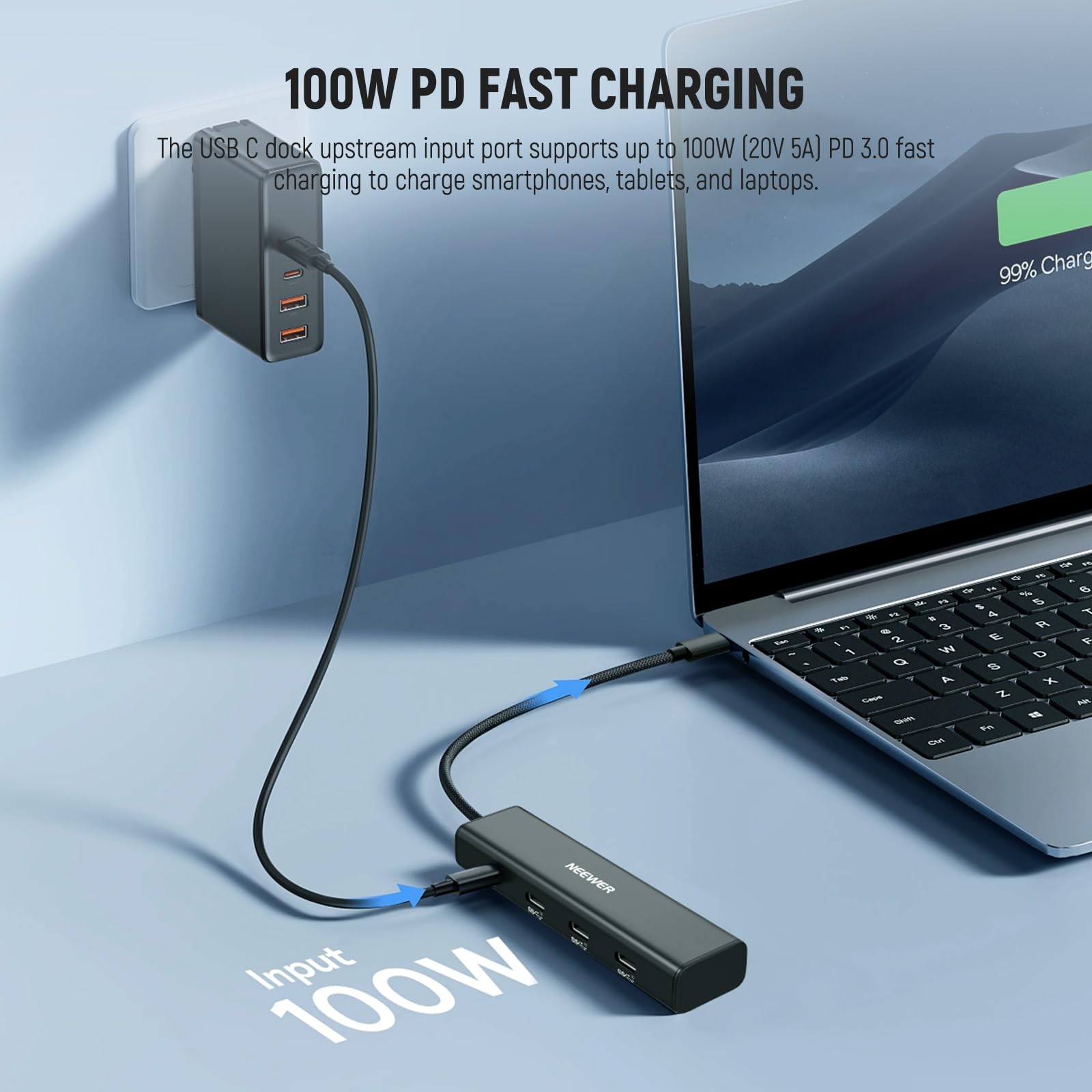 NEEWER Stacja dokująca USB C z adapterem zimnej stopki, wieloportowy adapter 4 w 1 z 3 portami USB C 3.1 Gen2 i 1 x 100 W PD, 10 Gb/s, kompatybilna z iPhone 16 15, iPadem, Mac, Android, PC, laptopem,