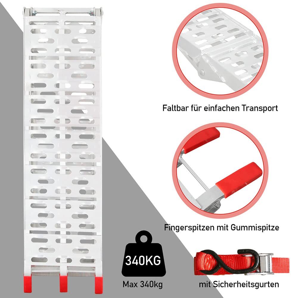 Auffahrrampe Klappbar 226 cm x1, 340KG pro Rampe, Auffahrrampe für Anhänger,Auto Rampen, Verladeschiene Antirutsch Auffahrrampe Motorrad ATV Quad PKW Auto, Alu Verladerampe, Faltbare