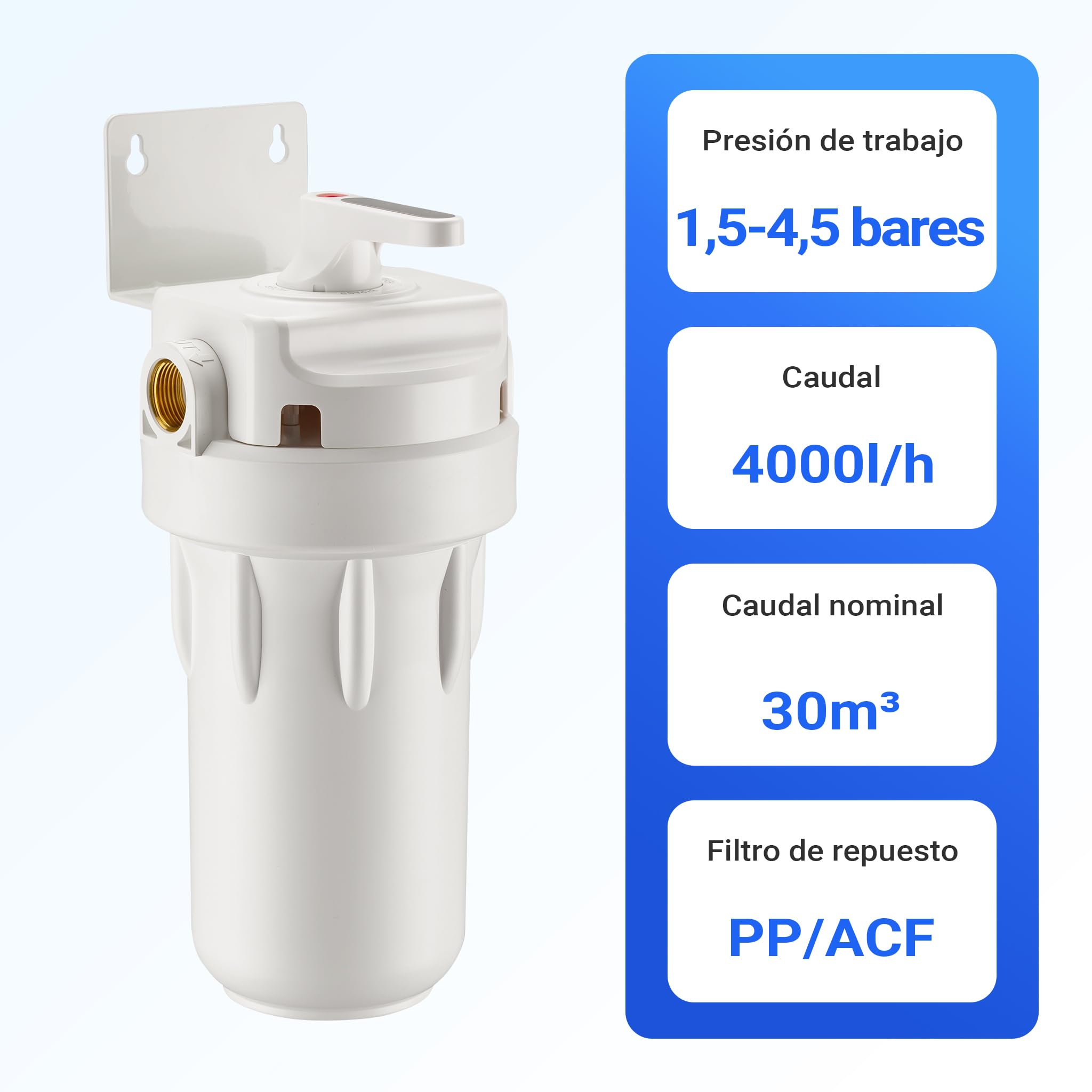 Naturewater Prefiltro para filtración de agua, cartucho filtrante PP de 10", filtro de agua potable para el hogar con función de retrolavado, presión de trabajo de 1,5 a 5 bares
