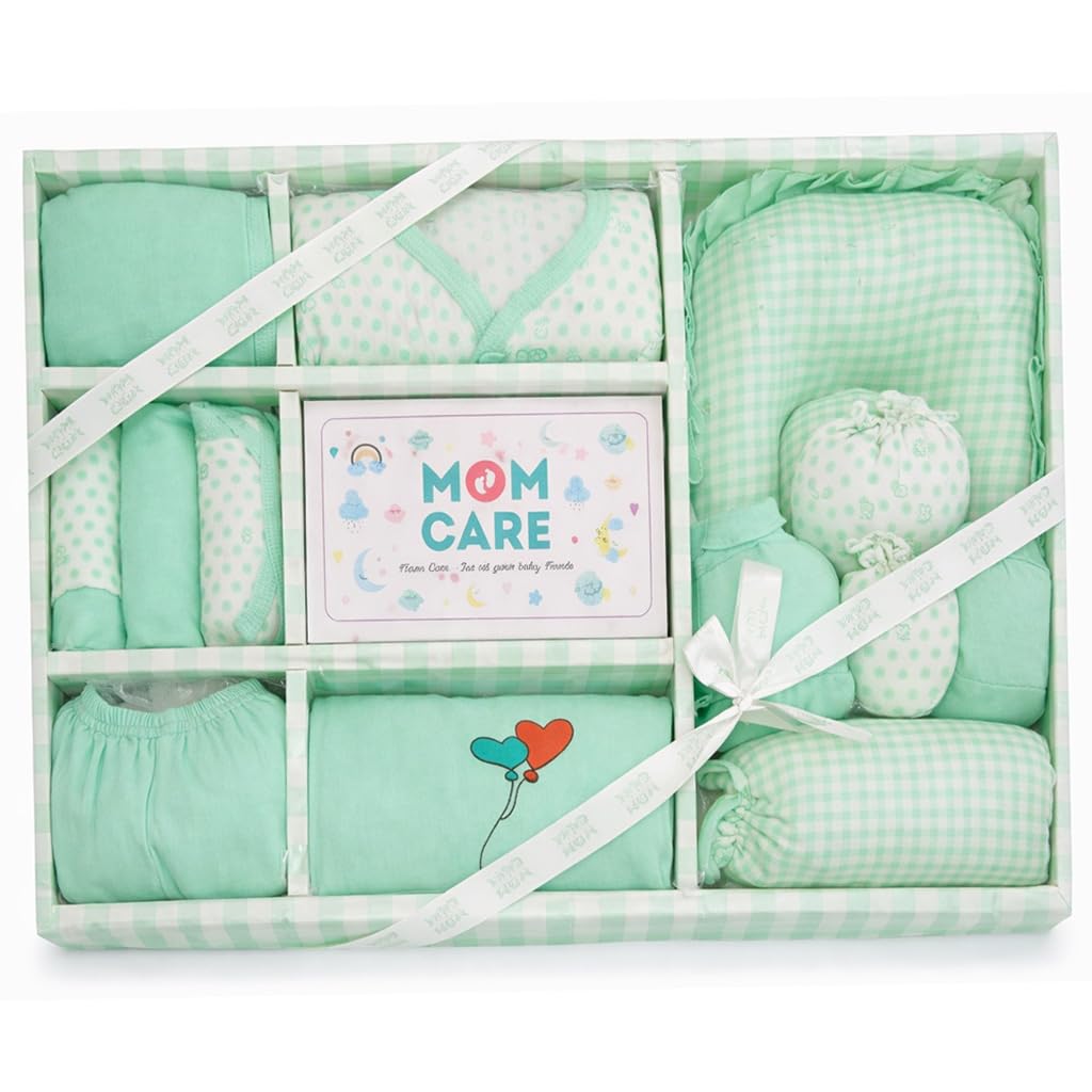 MOM CARE Newborn Baby Gift Set Has All Babies Essential Clothes Born Baby Items for Newly Born Baby Boy/Girl 11 pcs Set (Green)