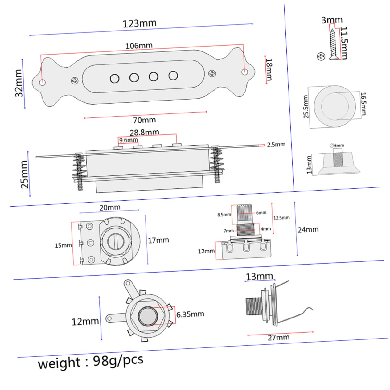SHOWERORO 3pezzi Pickup Per Chitarra Acustica Corde Metallo e Magnete Sostituzione Per Chitarre Cassa Accessorio Musicale Con Elevata Permeabilità e Leggerezza