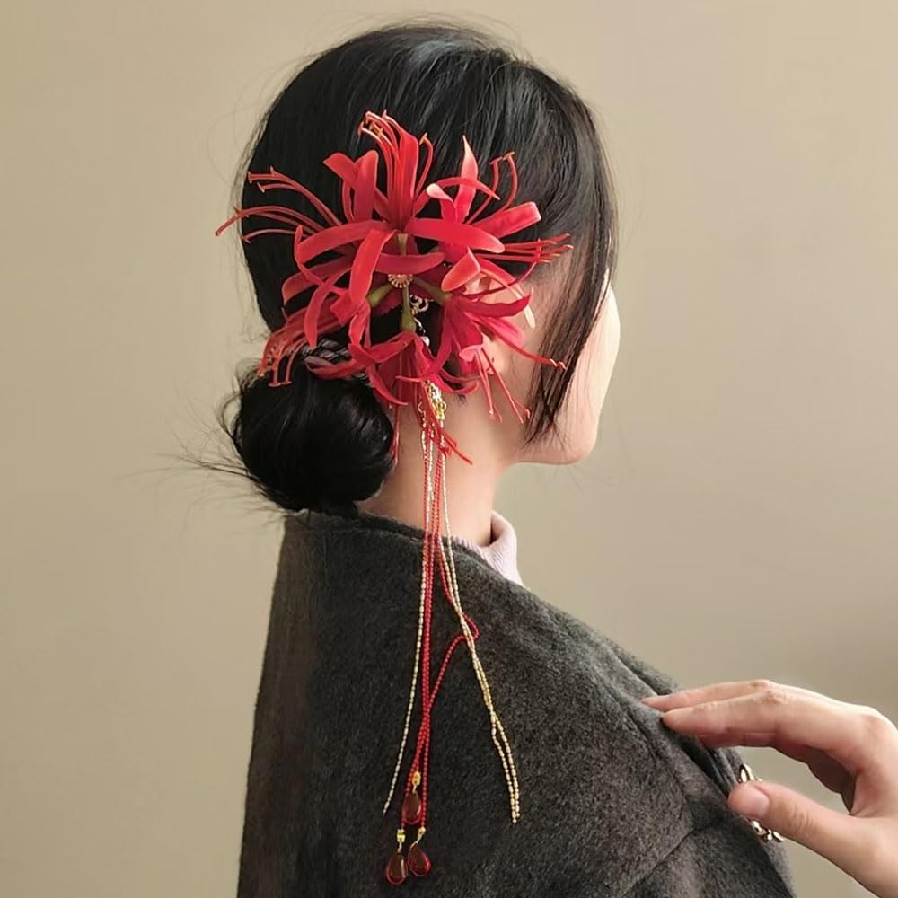 Red Spider Lily Flower Hair Clips for Women Tassel Flower Clips for Hair Accessories Lycoris Radiata Floral Hairclip Duckbill Clip Cute Decorative Barrettes for Women Side Hairclips