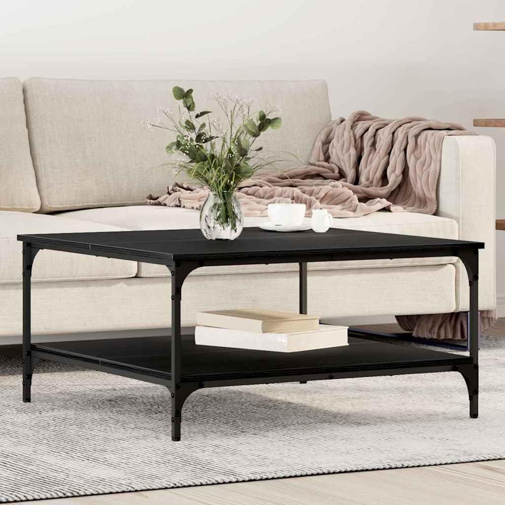 Mesa de centro negra 80 x 80 x 40 cm con estante industrial de madera y marco de hierro, diseño moderno, construcción robusta para salón, dormitorio y oficina