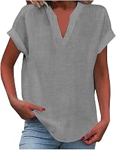 Women's Blouses and Blouses Short Sleeve V-Neck Tunic with Buttons Solid Color Cotton Linen Tee Shirt Women