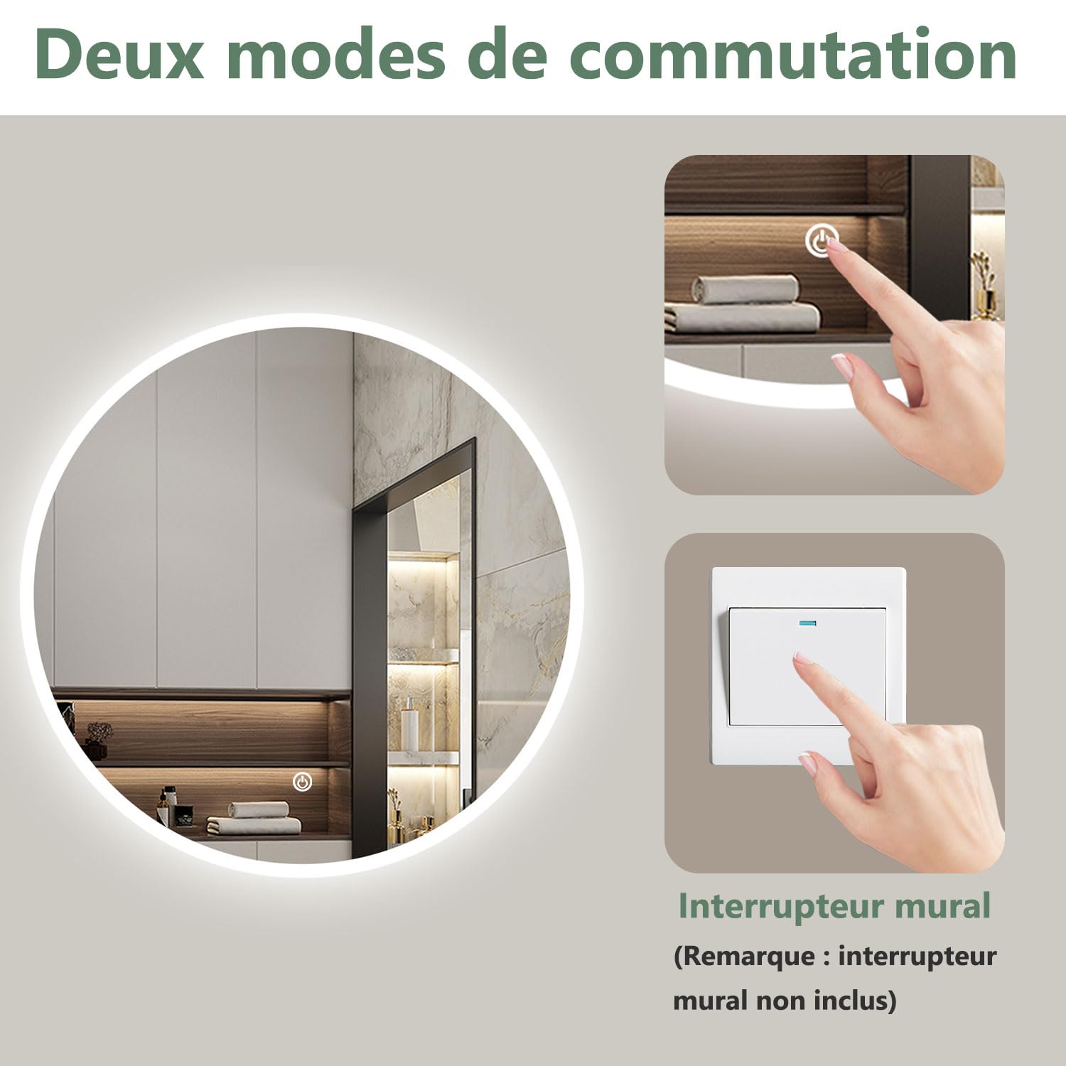 AICA Miroir Salle de Bain Rond 80cm Anti-buée +dimmable + mémoire, Miroir Lumineux LED
