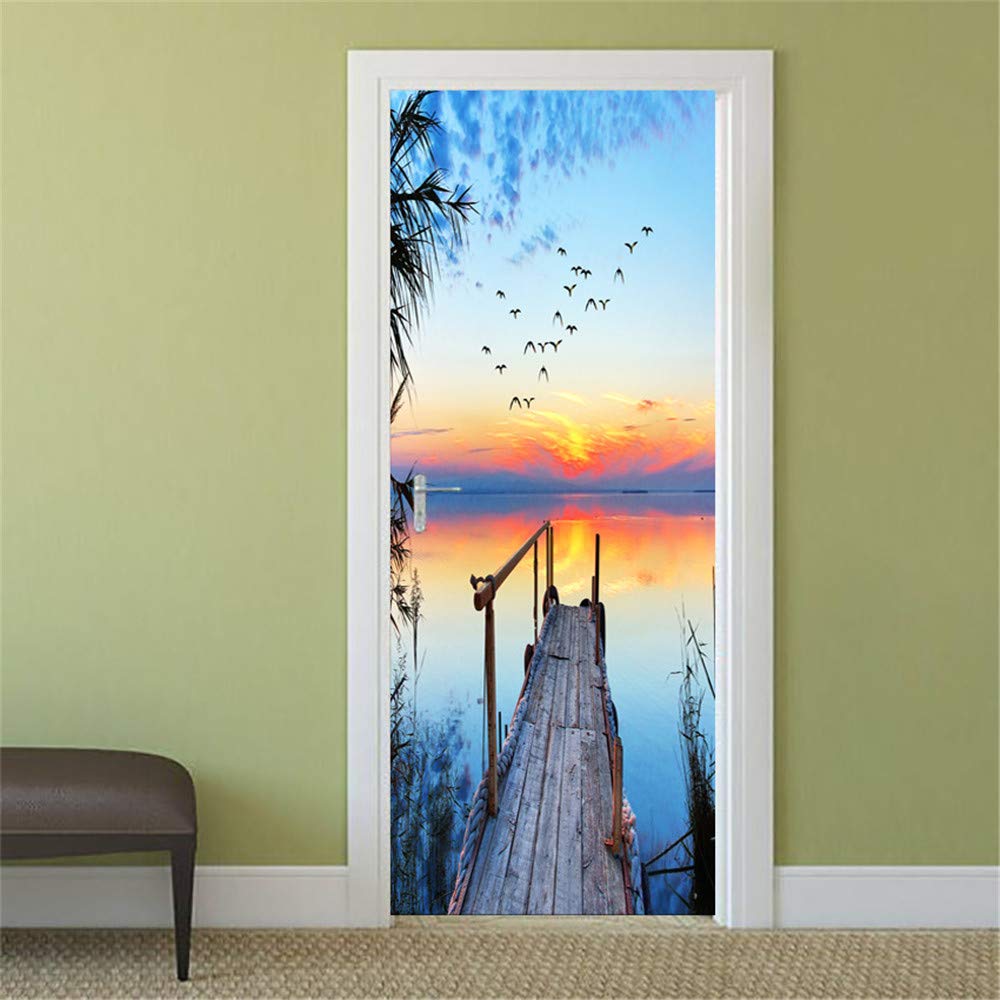 Stickers Décoration De Paysage 3D Porte en Bois Autocollant Salon Chambre PVC Amovible Auto-Adhésif Sticker Mural pour Porte Étanche Affiche Murale Murale Scène 77 * 200 Cm