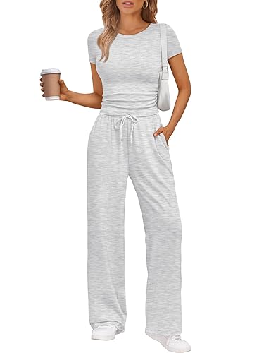 Trendy Queen 2 Piece Matching Summer Sweatsuit Lounge Set Womens Wide Leg Pants Side Ruching Crop Top Sets - Oatmeal Grey - Small