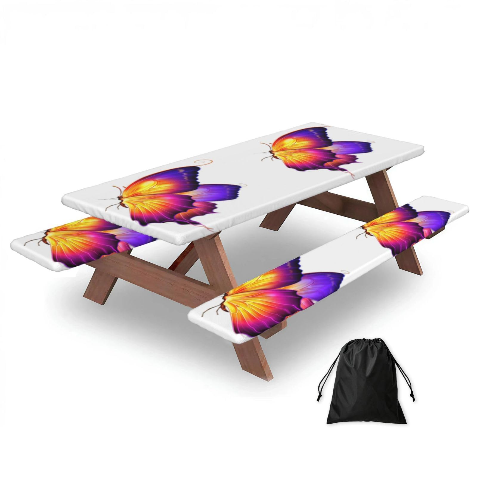 Purple Butterfly Print 183cm Picnic Table Cover With Bench Covers, Waterproof Elastic Tablecloth Set For Outdoor