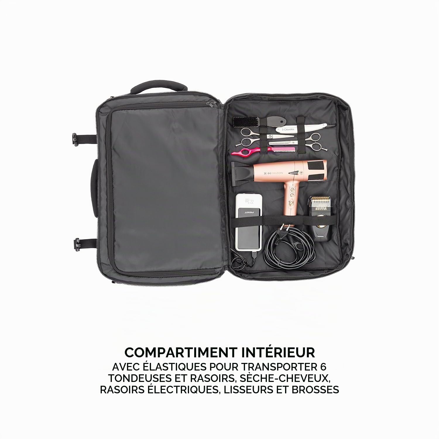 GAMMA+ Sac à Dos de Barbier, Sac à Dos de Barbier Professionnel, Sac de Coiffeur pour Tondeuse, Sèche-Cheveux, Ciseaux, Sac d'Outils de Coiffeur, Port USB, Imperméable, Noir.