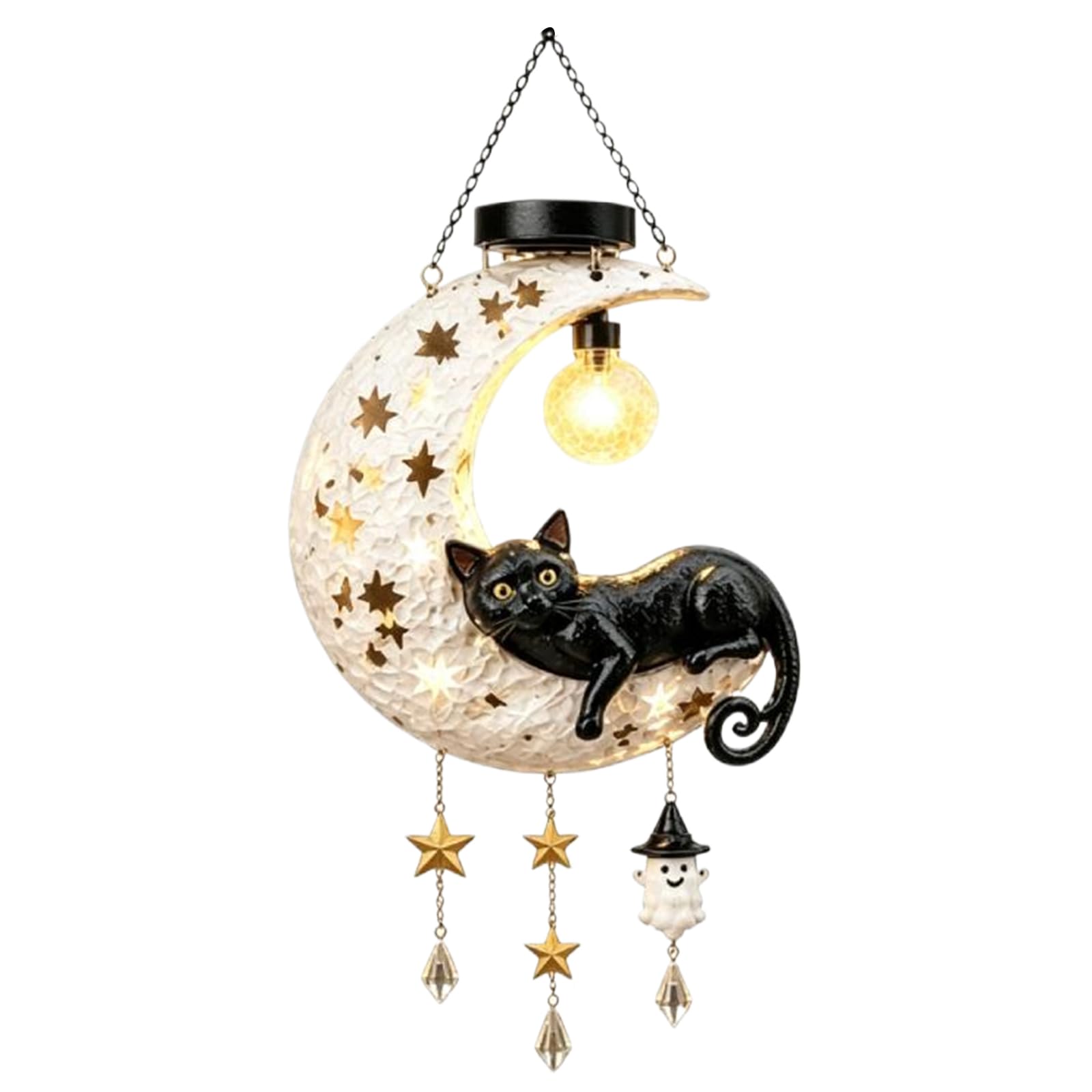 Lampada da esterno in ferro a forma di gatto con luna, solare, appendibile