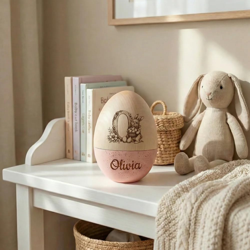Personalized Bunny Floral Wooden Easter Egg with Name and Initial, Reusable Large Hollow Speckled Easter Keepsake, Basket Filler, Easter Gift for Kids — view 5