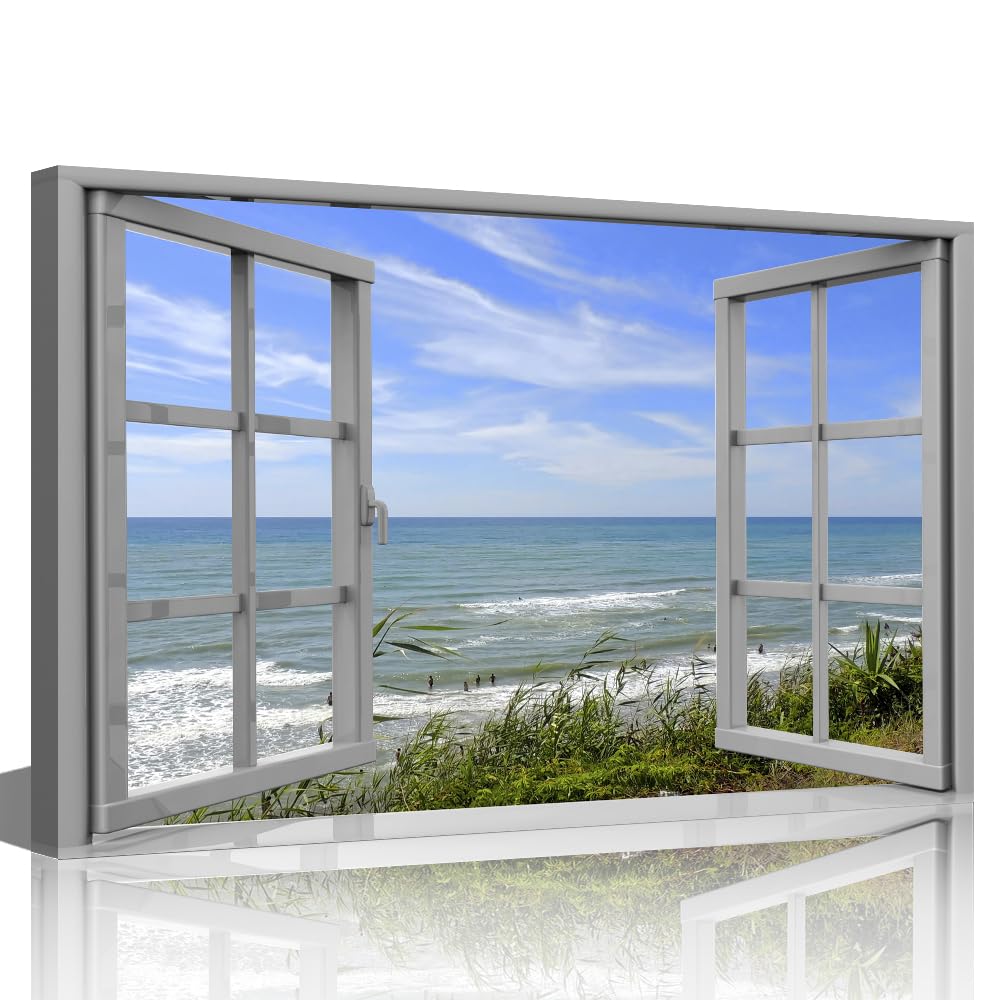 TISHIRON 3D Window View Seaside Effect Canvas Wall Art Prints for Living Room Bedroom Decor Office Kitchen Home Decoration Framed Ready to Hang 12x18inch — view 23