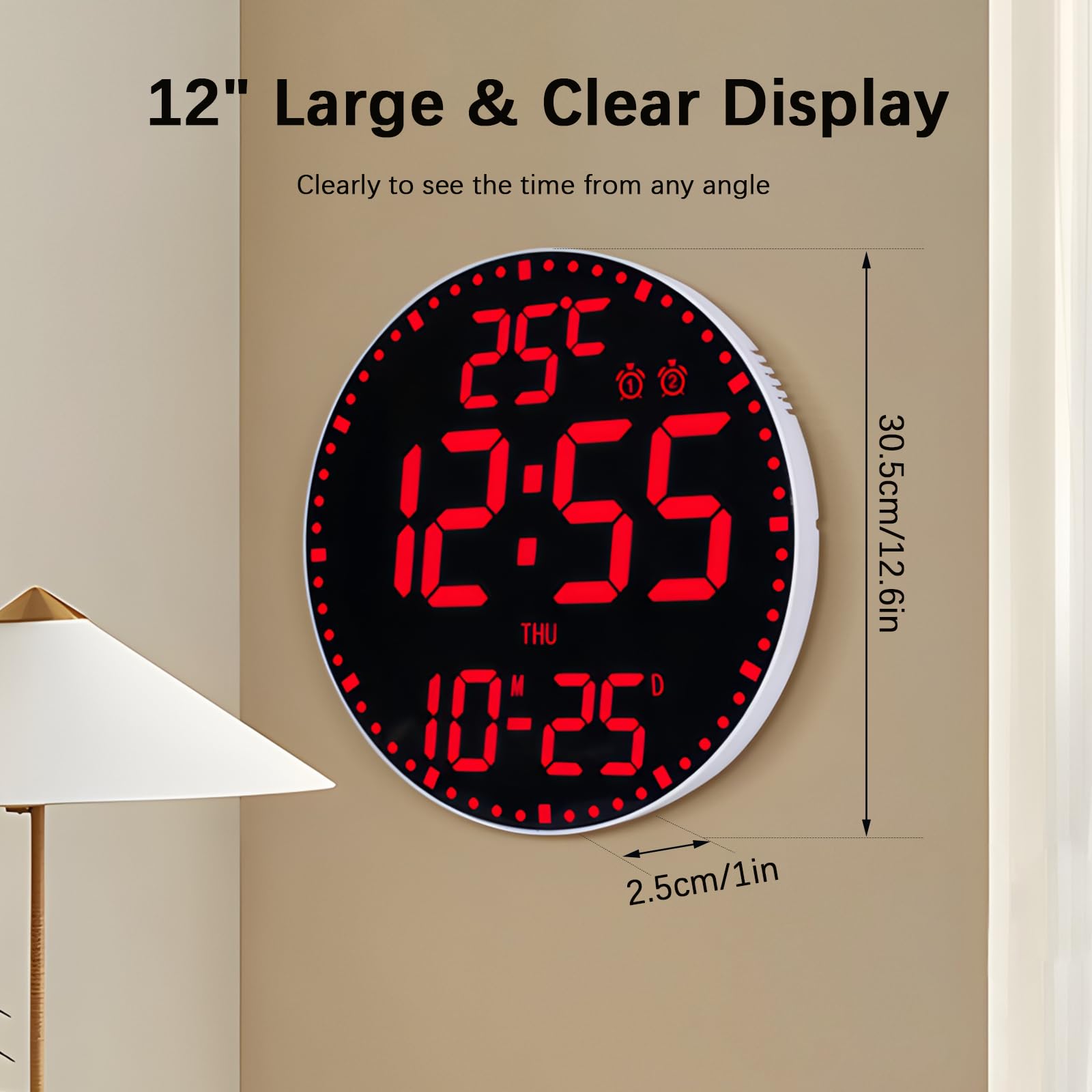 30,5 cm große digitale Wanduhr mit Fernbedienung, 12 RGB-Farben, automatisches Dimmen, Dual-Alarm, Temperaturdatum, Sommerzeit, LED-Wanduhr für Wohnzimmer, Büro, Fitnessstudio, Klassenzimmer