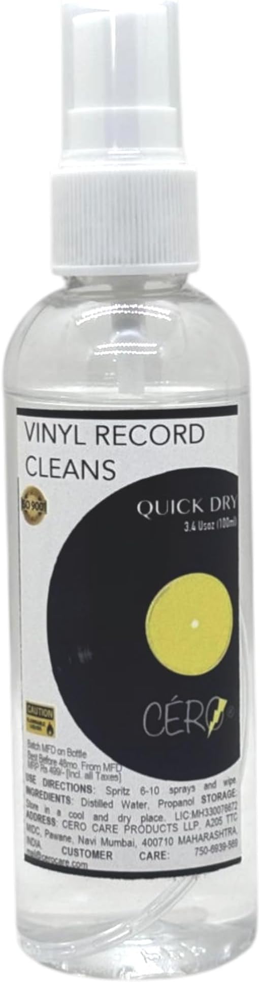 CERO ® Vinyl LP Record Cleaner Spray - Premium Quality Cleaning Solution For Vinyl Records, Removes Dust, Fingerprints & Static, Fast Drying Formula For Optimal Sound, Quick Dry (100ml)