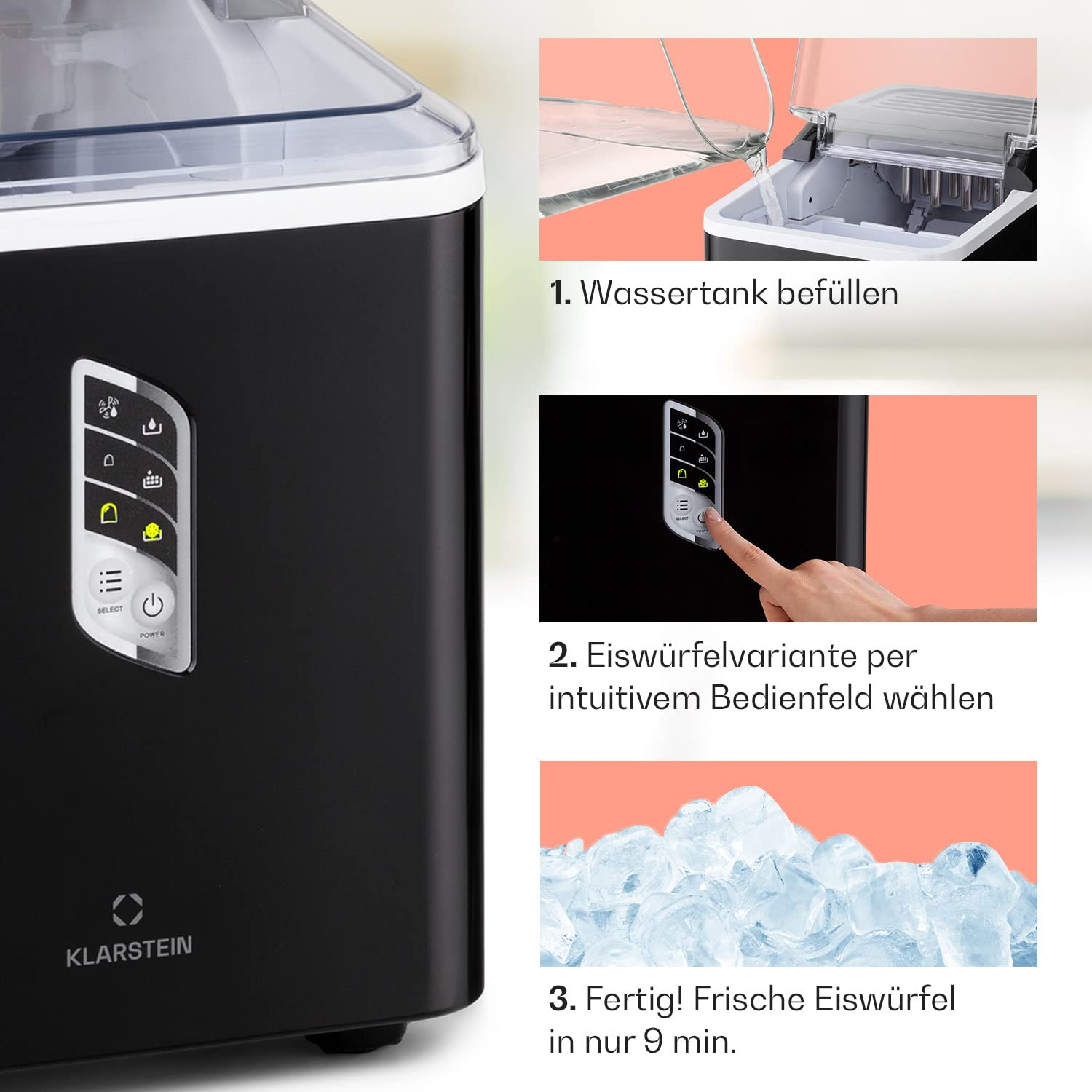 Klarstein Eiswürfelmaschine Klein, Schneller Ice Cube Maker, Eiswürfelbereiter Selbstreinigend, Eiswürfelgerät für Große und Kleine Eiswürfel, mit Eiswürfelbehälter, 12kg/24h, Fassungsvermögen 1,5 L