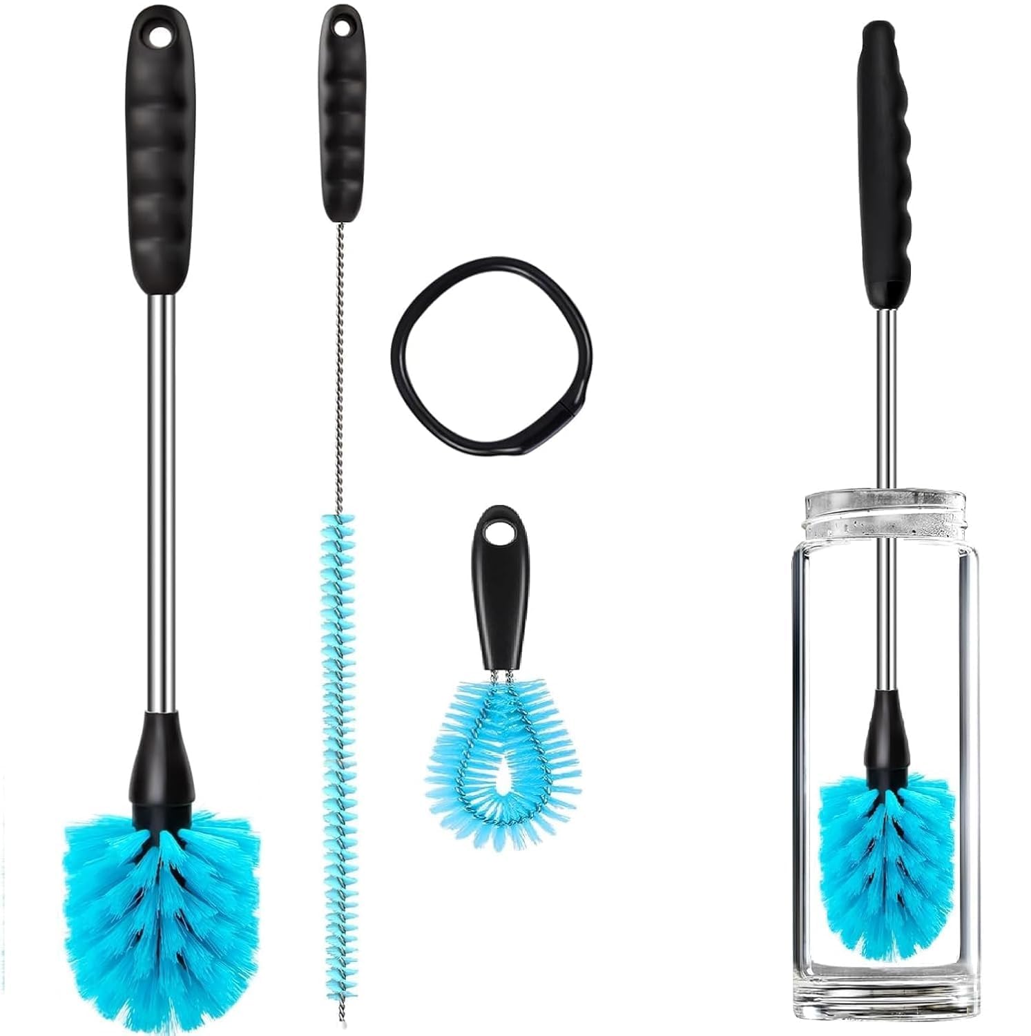 Bottle Cleaner Brush Set, 15 Inch Long Handle, Blue Bristles, 3 Pieces, for Narrow Neck Water Bottles, Tumblers, Straws, Coffee Mugs