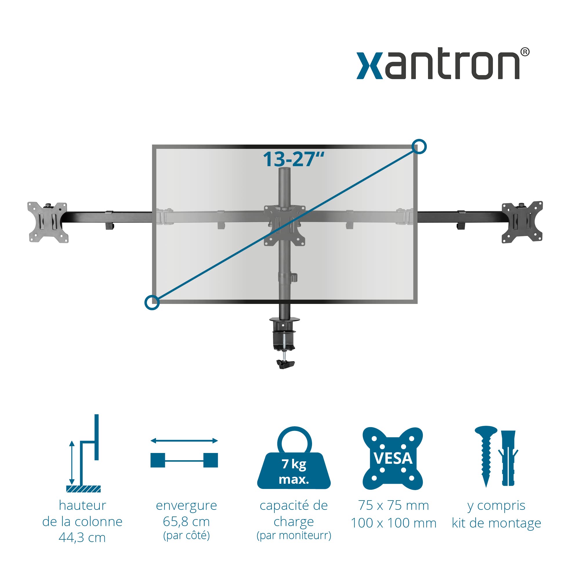 Xantron® ECO-E03 Support ecran PC 3 ecran 13-27 Pouces ou VESA 75x75 & 100x100 / Support Triple ecran/Triple ecran PC s'adapte à Chaque Table - matériel de Montage Inclus