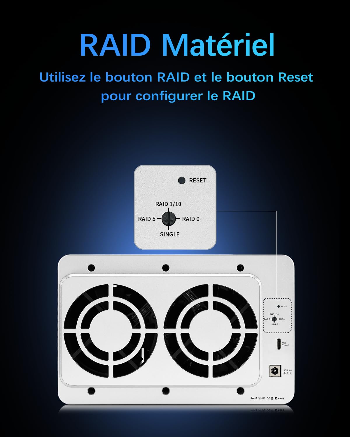 TERRAMASTER D5-310 5 Baies Enclosure HDD - Raid Matériel Prend en Charge Raid 5, 0, 1, 10, Single, JBOD - Stockage Direct Attaché USB 3.1 Type-C - Logiciel de Sauvegarde Inclus (sans Disque)