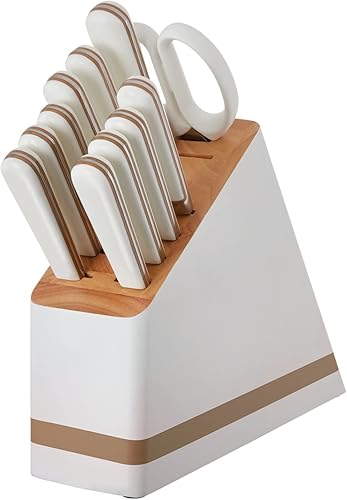 Juego de cuchillos de cocina forjados de 12 piezas en blanco con bloque de almacenamiento de madera,
